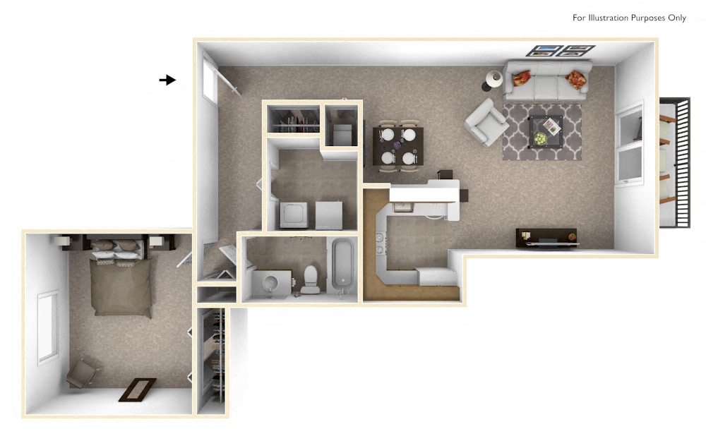 Floor plan for 1 bed, 1 bath, 822 sqft
